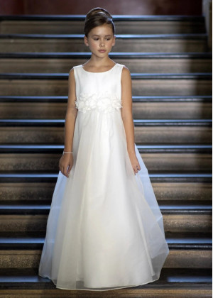 Ivory Satin Organza Flower Girl Dress With Flower Sash